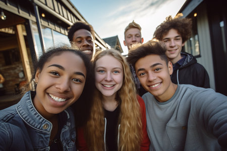 A group of young people are smiling for a picture. Scene is happy and friendlyの素材
