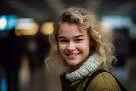 A woman with blonde hair and a white scarf is smiling for the camera. She is wearing a brown jacket and a black backpackの素材