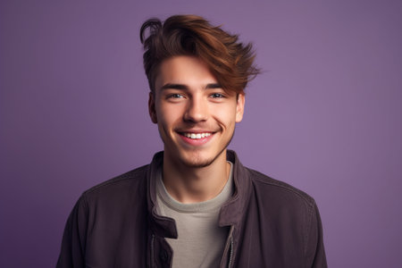 A young man with a beard and a smile is standing in front of a purple background. He is wearing a black jacket and a gray shirtの素材