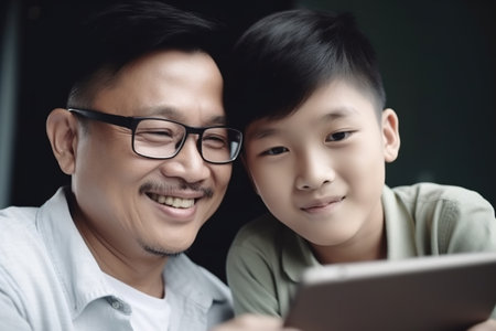 A man and a boy are looking at a tablet together. The man is smiling and the boy is smiling as well. Scene is happy and friendlyの素材