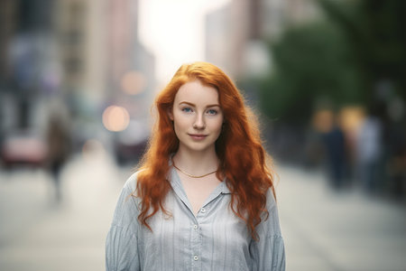 A woman with red hair stands on a city street. She is wearing a gray shirt and a necklace. The scene is blurry, giving it a dreamy, artistic feelの素材