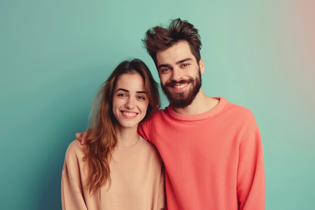 A man and a woman are smiling for the camera. The man is wearing a red sweater and the woman has long brown hairの素材