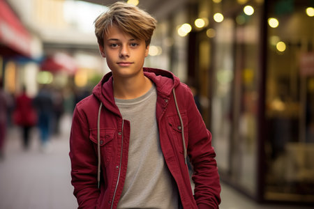A young man in a red jacket stands in front of a store window. He is smiling and looking at the cameraの素材