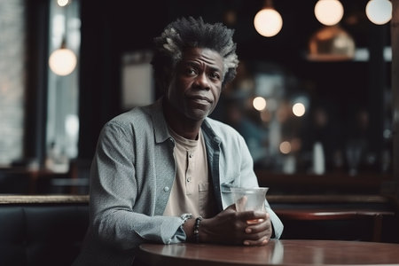 A man with a beard and dreadlocks is sitting at a table with a glass of beer. He looks sad and is holding the glass in his handの素材