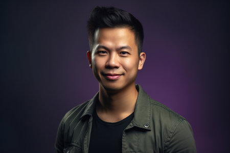 A man with a green shirt and black shirt is smilingの素材