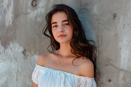 A woman with long hair is standing in front of a wall. She is wearing a white dress and a necklaceの素材