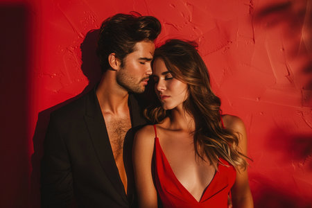 A man and a woman are kissing each other on a red wall. The man is wearing a black suit and the woman is wearing a red dress. Scene is romantic and intimateの素材