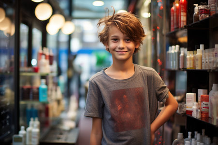 A young boy stands in front of a shelf of hair products. He is smiling and he is happyの素材