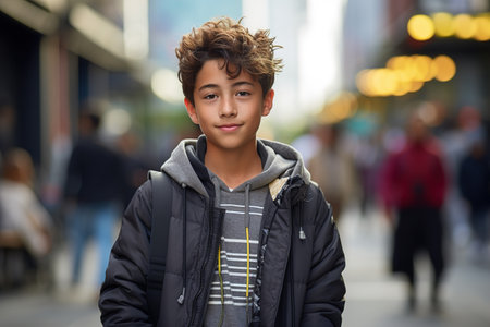A young boy wearing a black jacket and a hoodie is smiling for the camera. He is surrounded by other people, some of whom are carrying backpacksの素材
