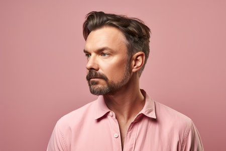 A man with a beard and a pink shirt is standing in front of a pink background. The man's facial features are emphasized, and the pink shirt and background create a sense of harmony and balanceの素材