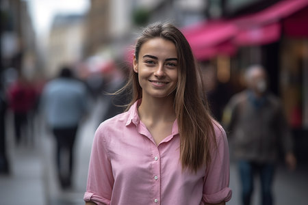 A woman in a pink shirt is smiling and standing on a street. There are other people around her, some of whom are walking or standing. The scene has a casual and friendly atmosphereの素材
