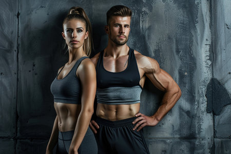 A man and a woman are posing for a photo in front of a wall. The man is wearing a black tank top and the woman is wearing a gray tank top. They both have toned bodiesの素材