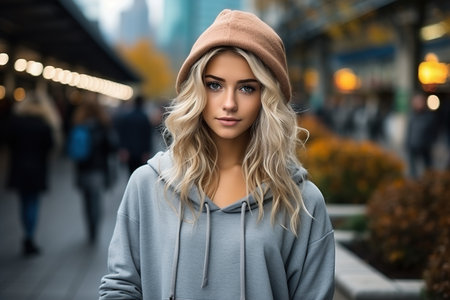 A blonde woman wearing a brown hat and a gray hoodie is standing in front of a buildingの素材