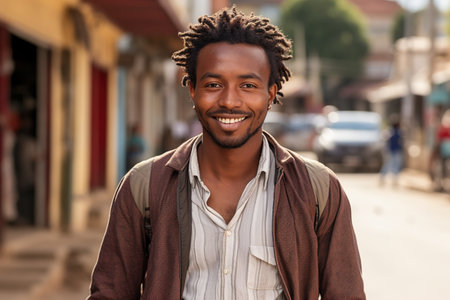 A man with dreadlocks is smiling and wearing a brown jacket and white shirt. He is standing on a street with a backpack onの素材