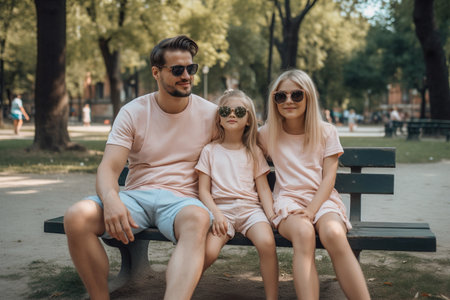 A man and two children are sitting on a bench in a park. The man is wearing sunglasses and a pink shirt. Scene is happy and relaxedの素材