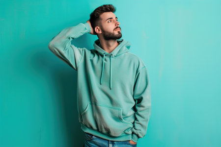 A man in a green hoodie is standing in front of a blue wall. He is looking up and he is deep in thoughtの素材