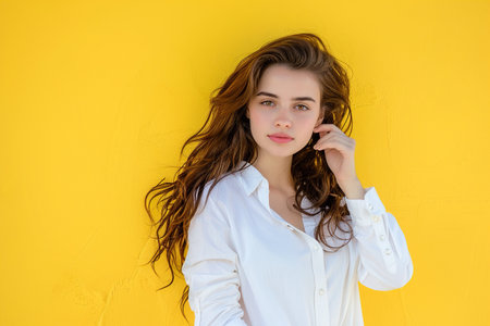 A woman with long hair is standing in front of a yellow wall. She is wearing a white shirt and has her hair pulled backの素材