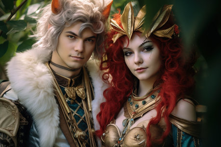 A man and woman dressed in costumes, one of them wearing a horned headdressの素材