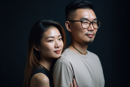 A man and a woman are standing close to each other, with the woman wearing glasses. Concept of intimacy and connection between the two individualsの素材