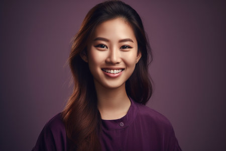 A woman with long brown hair and a purple shirt is smiling. She is wearing a necklace and earringsの素材