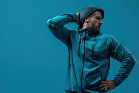 A man in a blue sweatshirt and hat is standing in front of a blue background. He is looking down and he is in a contemplative moodの素材