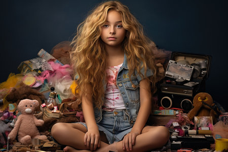 A girl with long hair sits on a bed surrounded by various items, including a teddy bear. The scene has a messy and cluttered appearance, which gives off a sense of disorganization and chaosの素材