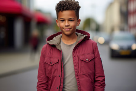 A young boy wearing a red jacket and a gray shirt is standing on a street. He is smiling and looking at the camera. The scene is set in a city with cars and a building in the backgroundの素材