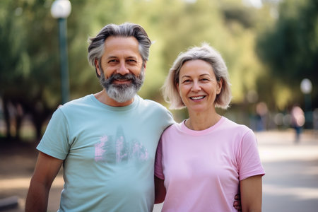 A man and a woman are smiling for the camera. The man is wearing a green shirt and the woman is wearing a pink shirt. They are standing in a park and appear to be enjoying their time togetherの素材