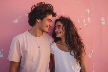 A man and a woman are smiling at each other. The man is wearing a white shirt and the woman is wearing a white shirtの素材