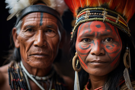 Two men and a woman wearing Indian clothing. The woman has red face paint. The man on the left has a beardの素材