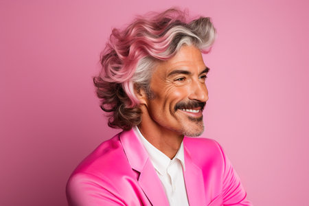 A man with pink hair and a pink suit is smiling. Concept of confidence and happinessの素材