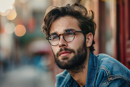 A man with glasses and a beard is sitting on a bench. He is wearing a blue jacket and has a serious expression on his faceの素材