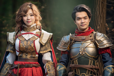 A man and woman dressed in medieval armor stand next to each other. The man is wearing a red and blue suit of armor, while the woman is wearing a red and white outfitの素材