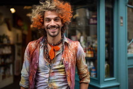 A man with orange hair and orange clothes is smiling. He is wearing a colorful shirt and a scarfの素材