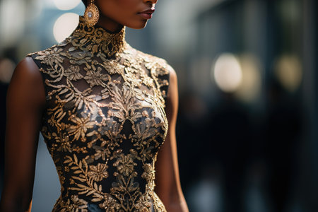 A woman in a gold dress with a gold necklace and earringsの素材