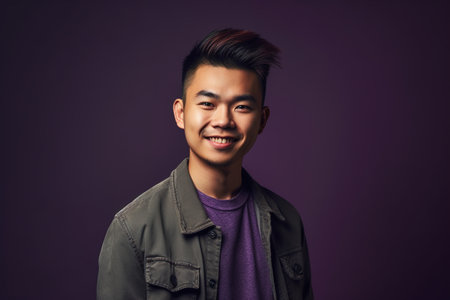 A young man with a short haircut and a purple shirt is smilingの素材