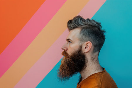 A man with a beard is standing in front of a colorful wallの素材