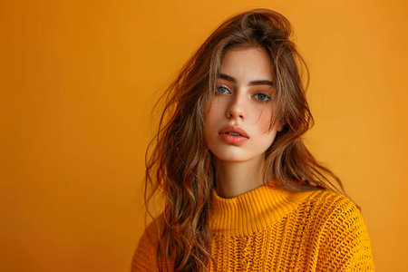 A woman with long brown hair is wearing a yellow sweaterの素材