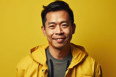 A man in a yellow jacket is smilingの素材