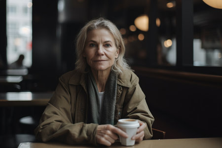 A woman in a brown jacket is sitting at a table with a cup of coffeeの素材