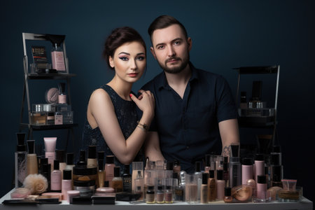 A man and a woman are posing in front of a table full of makeup productsの素材