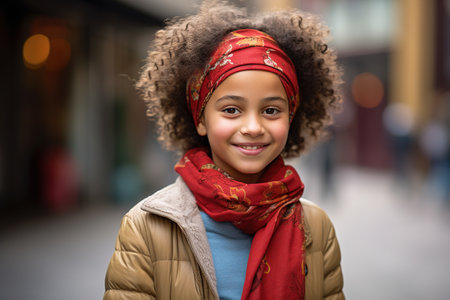 A young girl wearing a red scarf and a headband is smiling. She is standing in a city streetの素材