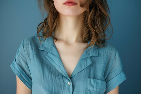 A woman is wearing a blue shirt and has her hair in a ponytail. She is looking straight ahead and has a serious expression on her faceの素材