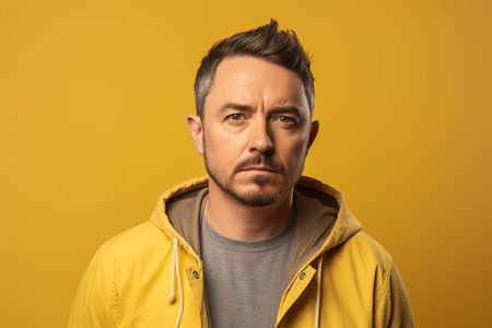 A man in a yellow jacket with a beard and glasses. He looks angry and is staring at the cameraの素材