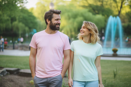 A man and a woman are walking in a park, both wearing shirts with the word "love" on themの素材