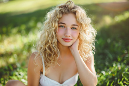 A blonde woman with long hair is sitting in a grassy field. She is wearing a white tank top and has a smile on her faceの素材