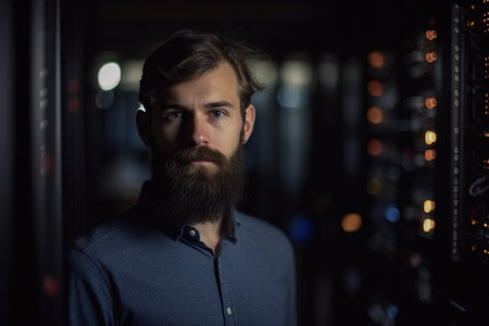 A man with a beard stands in front of a wall of computer monitors. Concept of technology and modernity, as the man is surrounded by screens that are likely used for work or entertainment purposesの素材