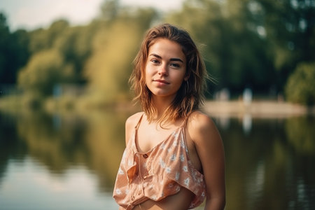 A woman is standing in front of a lake wearing a pink tank top. She has long hair and is smilingの素材