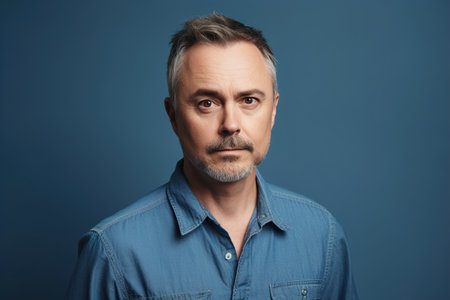 A man with a beard and gray hair is wearing a blue shirt. He is looking directly at the cameraの素材