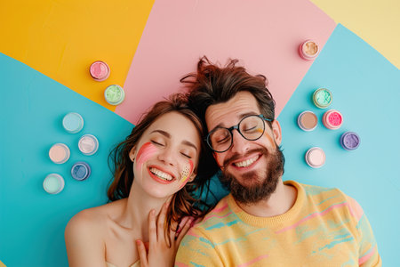 A man and a woman are laying on a blue and pink background with a variety of makeup products. Scene is playful and fun, as the couple is likely experimenting with different makeup looksの素材